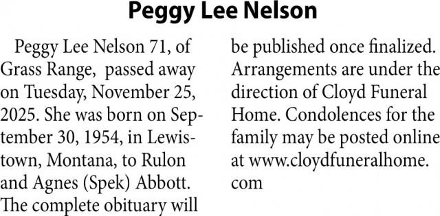 Peggy Lee Nelson, Obituaries, Glendive, MT
