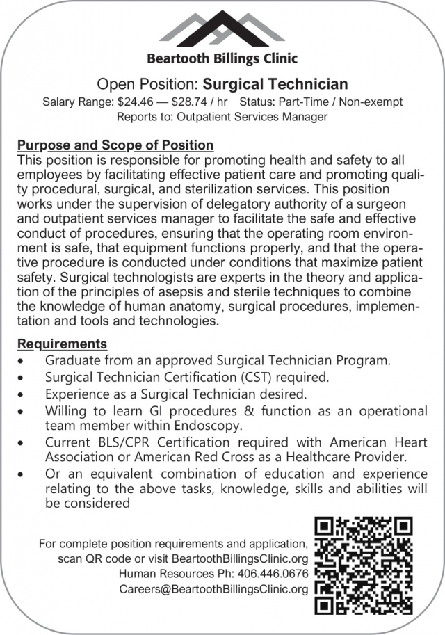 Surgical Technician, Beartooth Billings Clinic, Red Lodge, MT