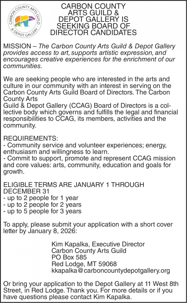 Seeking Board of Director Candidates, Carbon County Arts Guild & Depot Gallery, Red Lodge, MT