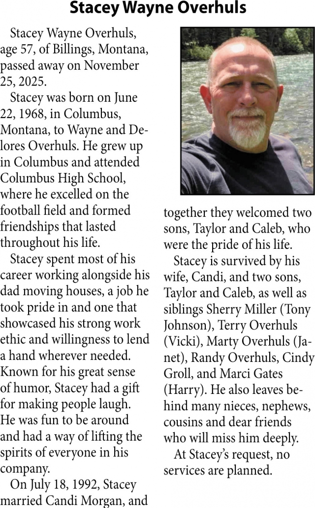 Stacey Wayne Overhuls, Obituaries, Glendive, MT