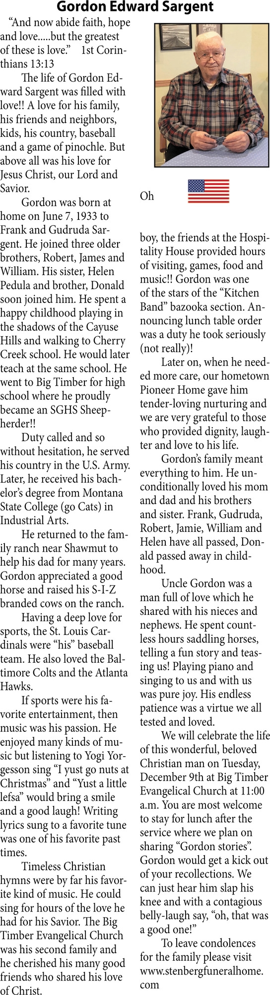 Gordon Edward Sargent, Obituaries, Glendive, MT