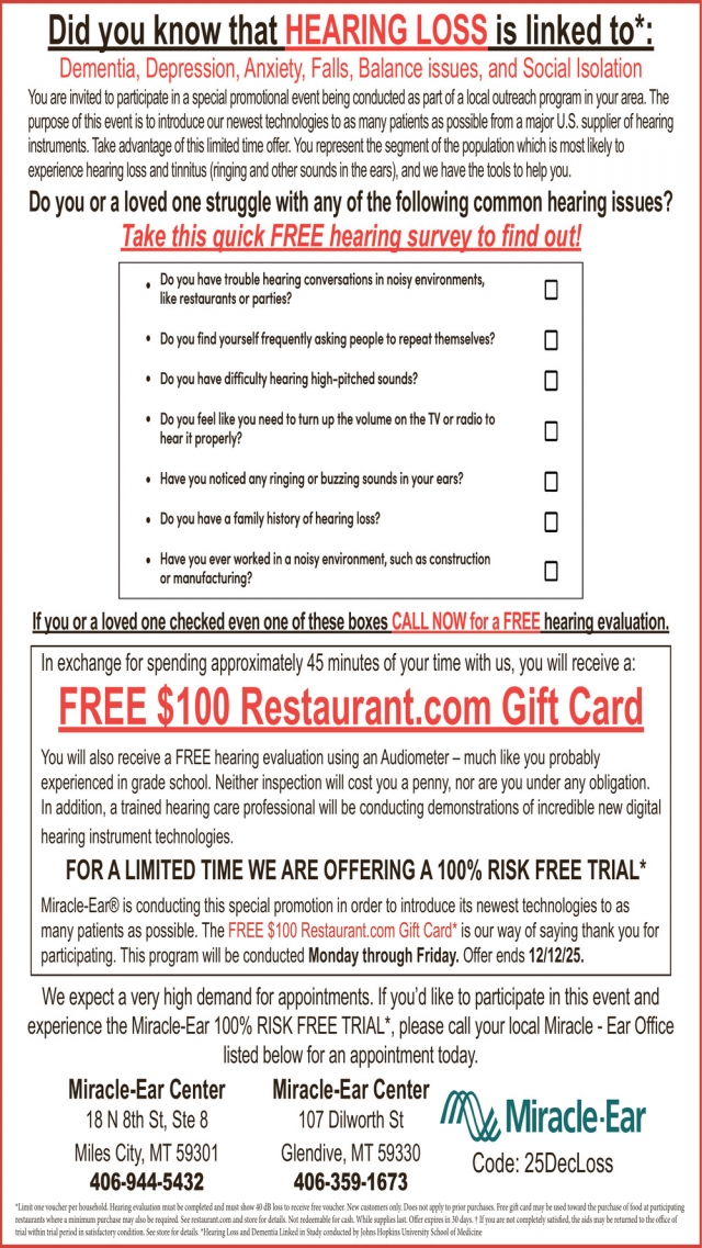 Hearing Loss,  Miracle-Ear / Miles City - Glendive, Glendive, MT