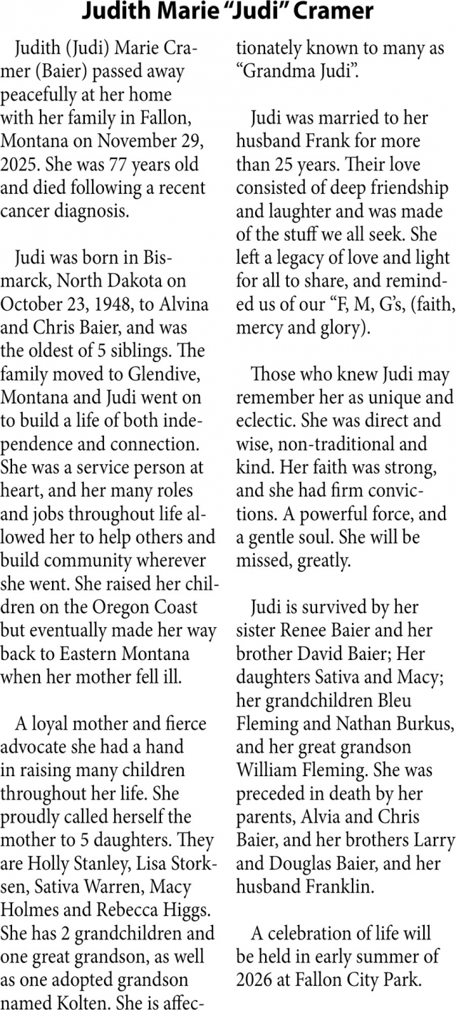 Judith marie Cramer, Obituaries, Glendive, MT