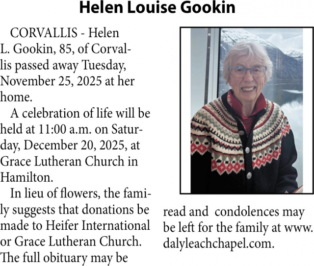 Helen Louise Gookin, Obituaries, Glendive, MT