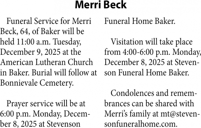 Merri Beck, Obituaries, Glendive, MT