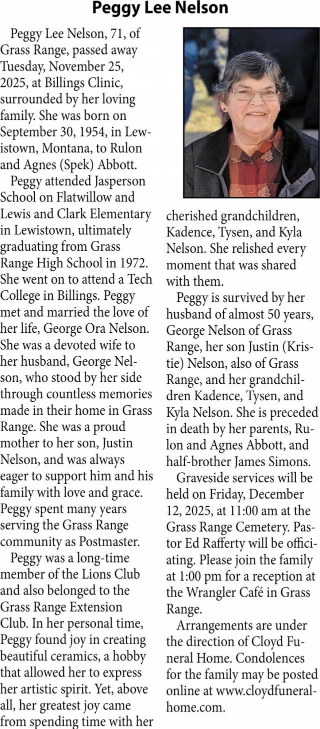 Peggy Lee Nelson, Obituaries, Glendive, MT