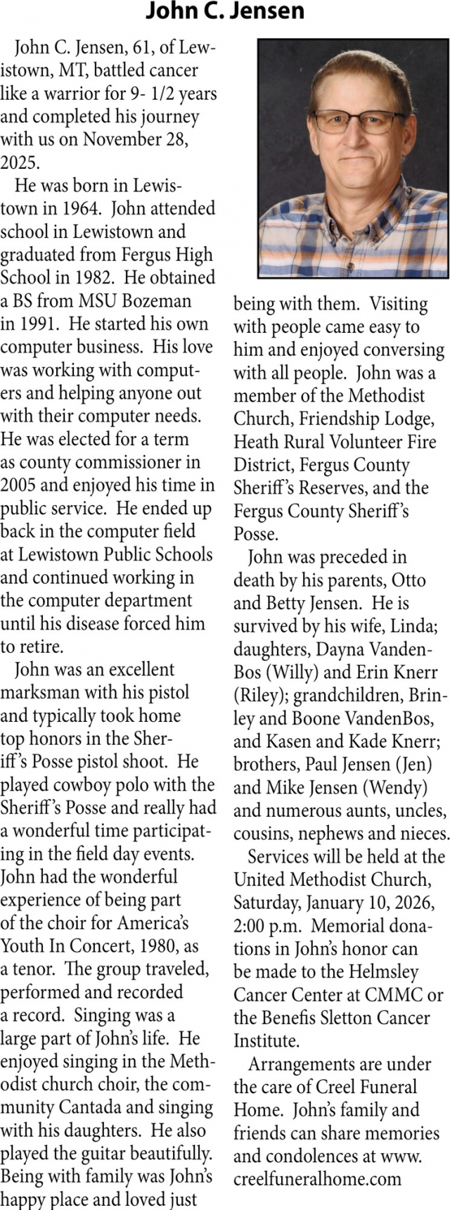 John C. Jensen, Obituaries, Glendive, MT