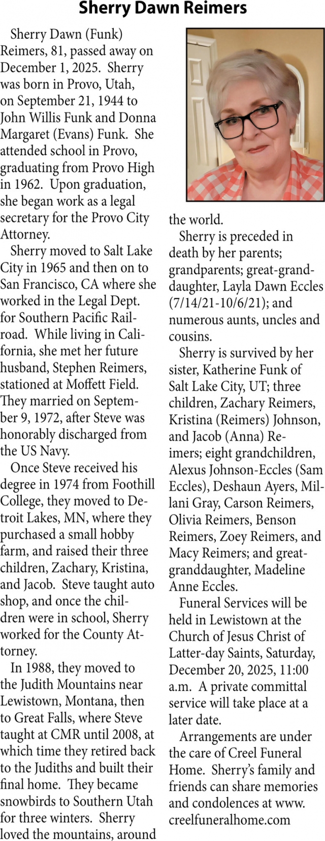 Sherry Dawn Reimers, Obituaries, Glendive, MT