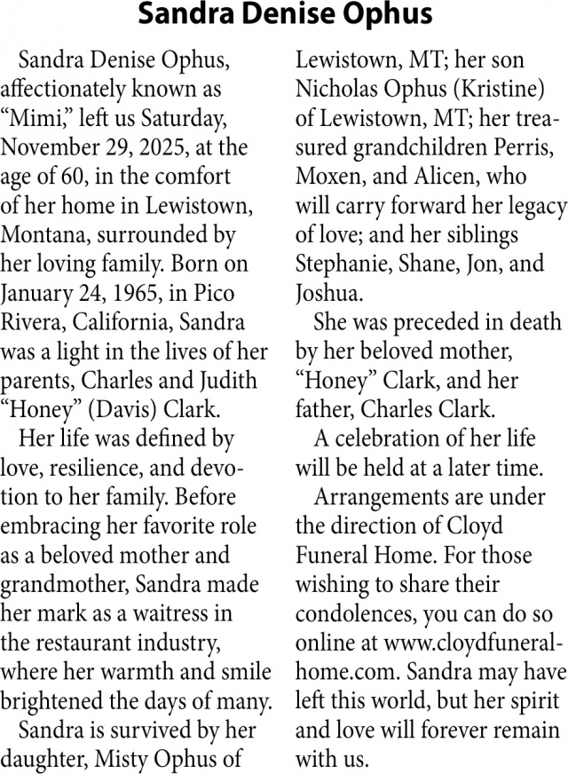 Sandra Denise Ophus, Obituaries, Glendive, MT
