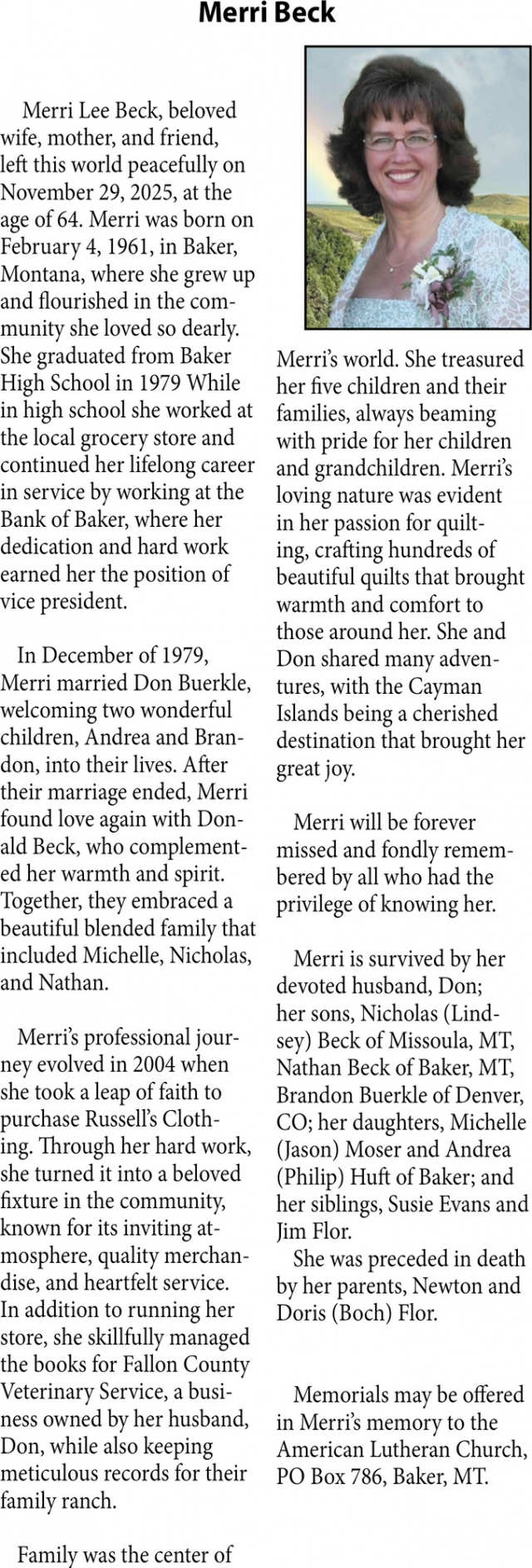 Merri Beck, Obituaries, Glendive, MT