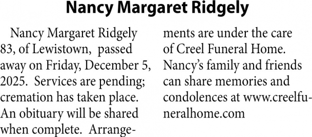 Nancy Margaret Ridgely, Obituaries, Glendive, MT