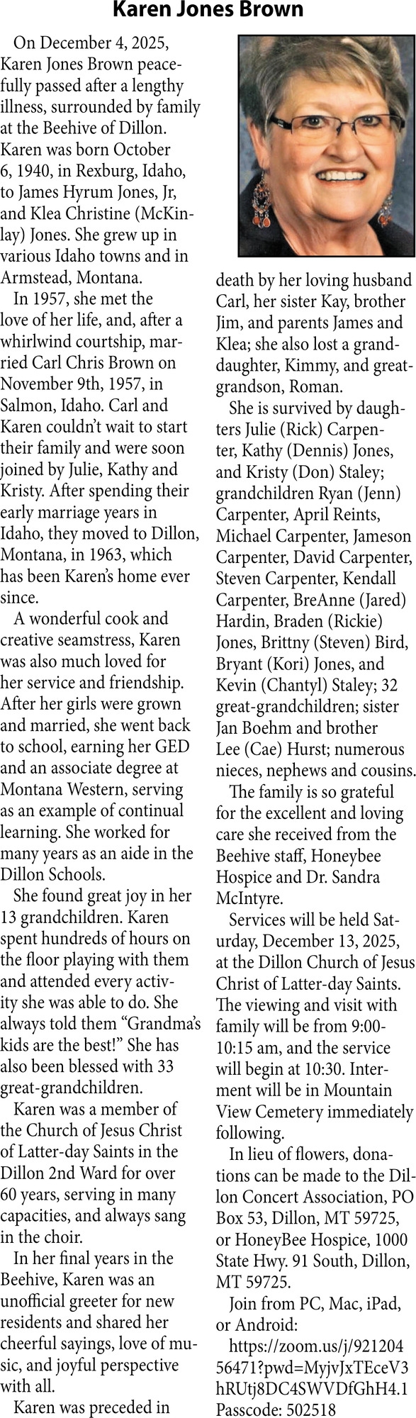 Karen Jones Brown, Obituaries, Glendive, MT