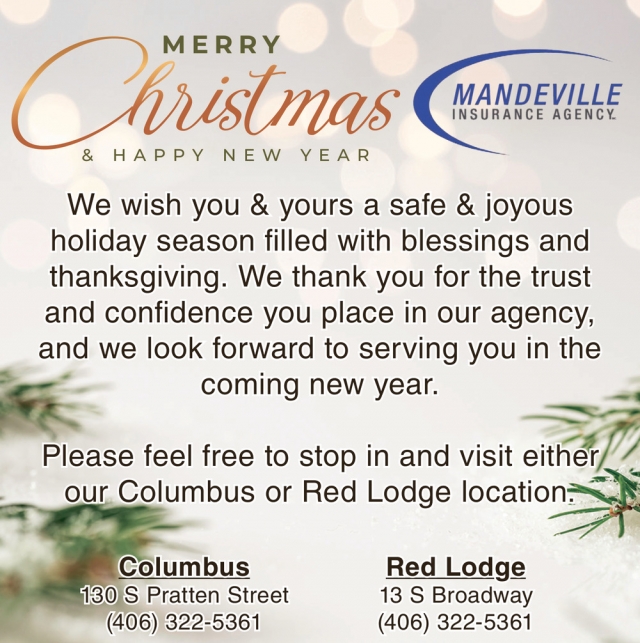 Merry Christmas & Happy New Year, Mandeville Insurance Agency, Columbus, MT