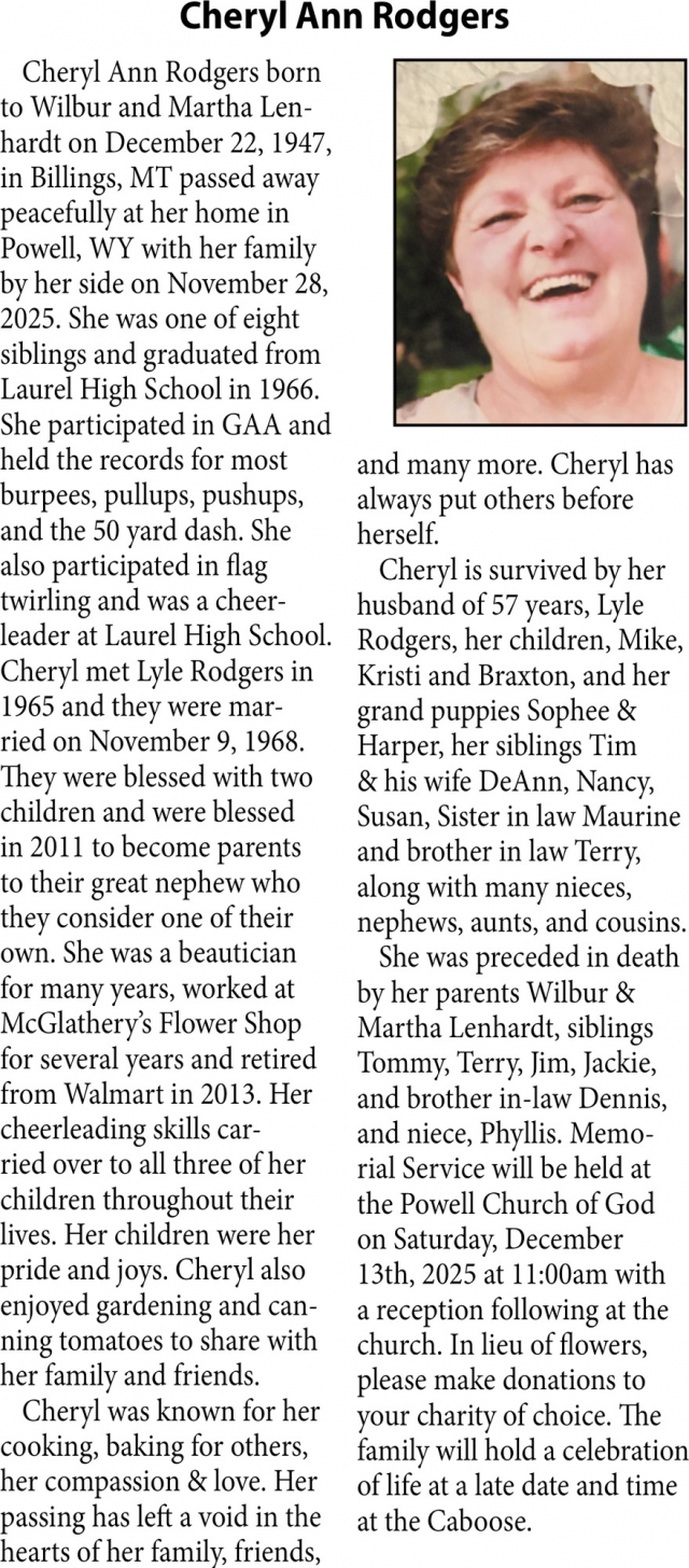Cheryl Ann Rodgers, Obituaries, Glendive, MT