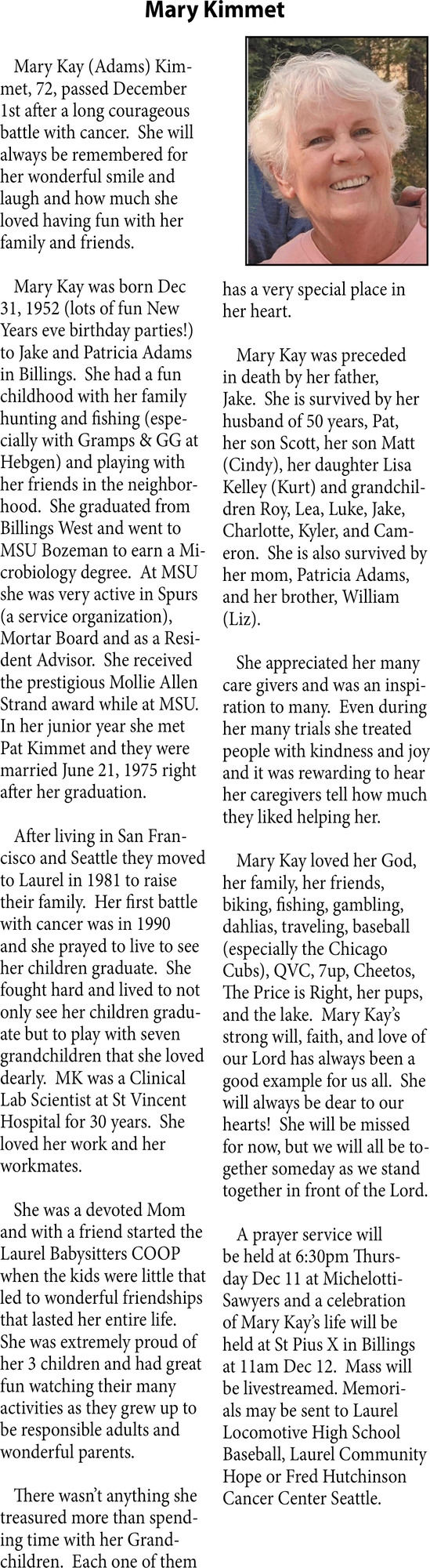 Mary Kimmet, Obituaries, Glendive, MT