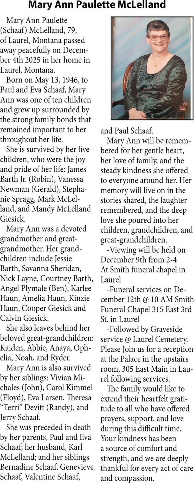 Mary Ann Paulette McLelland, Obituaries, Glendive, MT