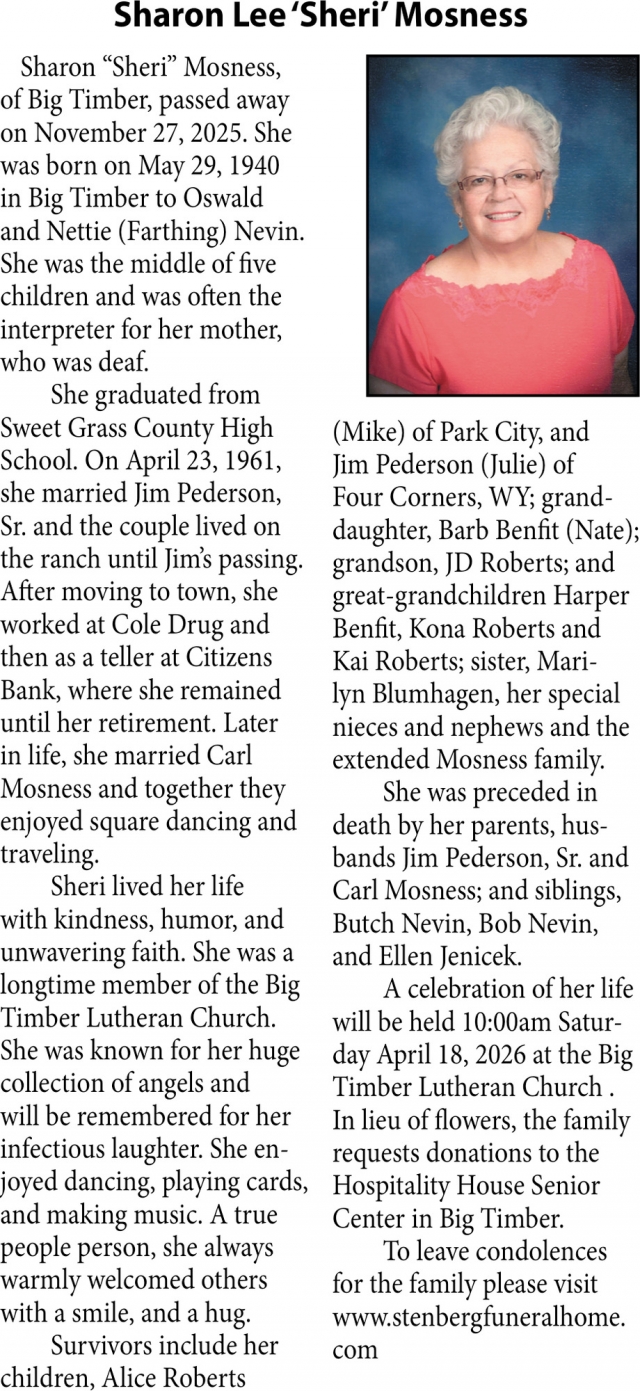 Sharon Lee Mosness, Obituaries, Glendive, MT