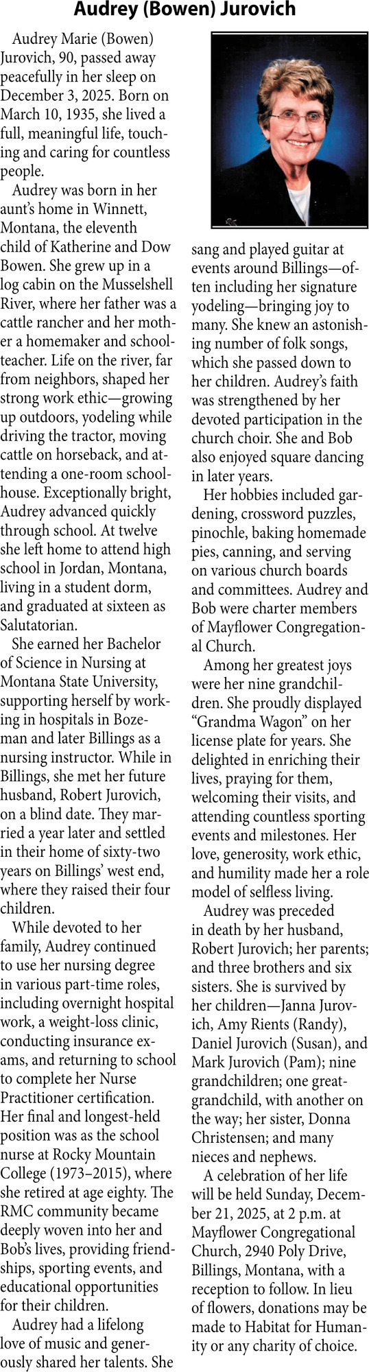 Audrey Jurovich, Obituaries, Glendive, MT