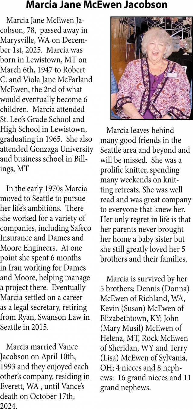 Marcia Jane McEwen Jacobson, Obituaries, Glendive, MT