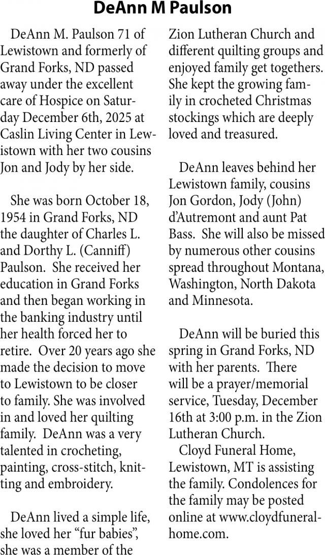 DeAnn M Paulson, Obituaries, Glendive, MT