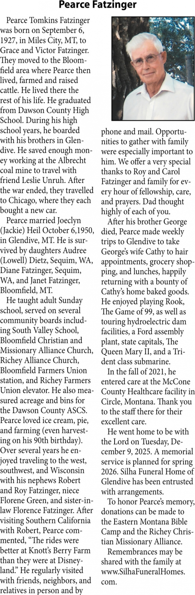 Pearce Fatzinger, Obituaries, Glendive, MT