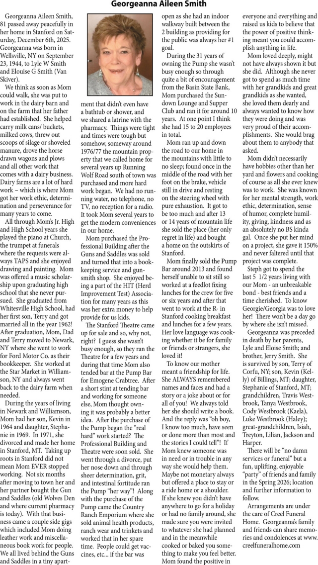 Georgeanna Aileen Smith, Obituaries, Glendive, MT