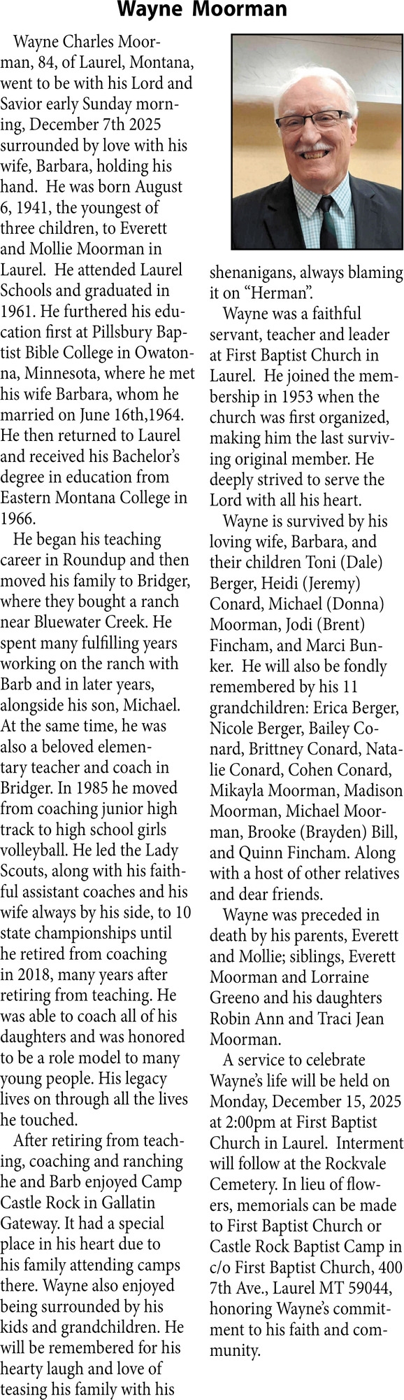 Wayne Moorman, Obituaries, Glendive, MT