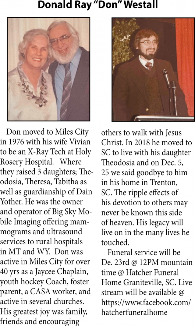 Donald Ray Westall, Obituaries, Glendive, MT