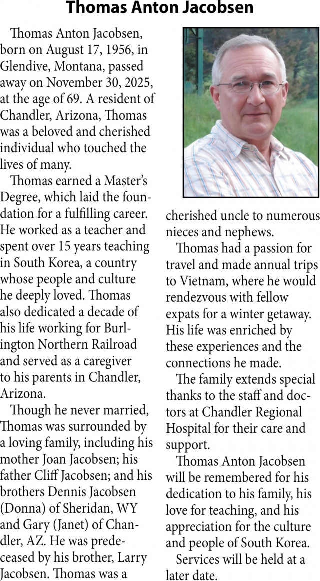 Thomas Anton Jacobsen, Obituaries, Glendive, MT