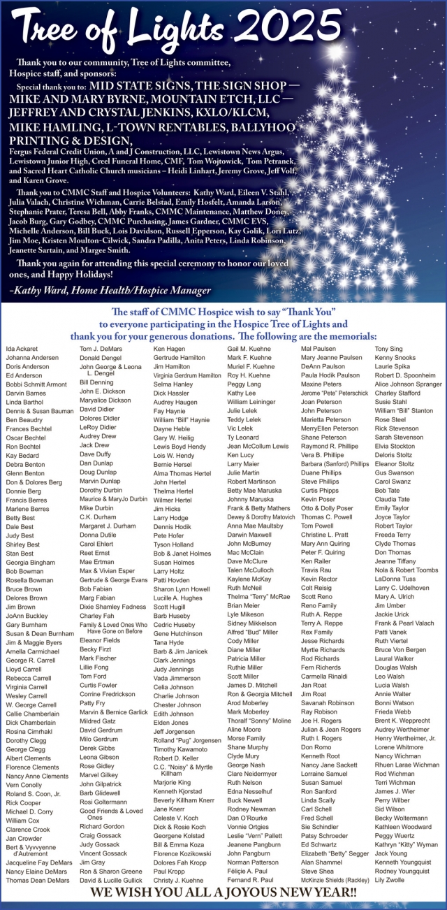Tree of Lights 2025, Central Montana Medical Center, Lewistown, MT