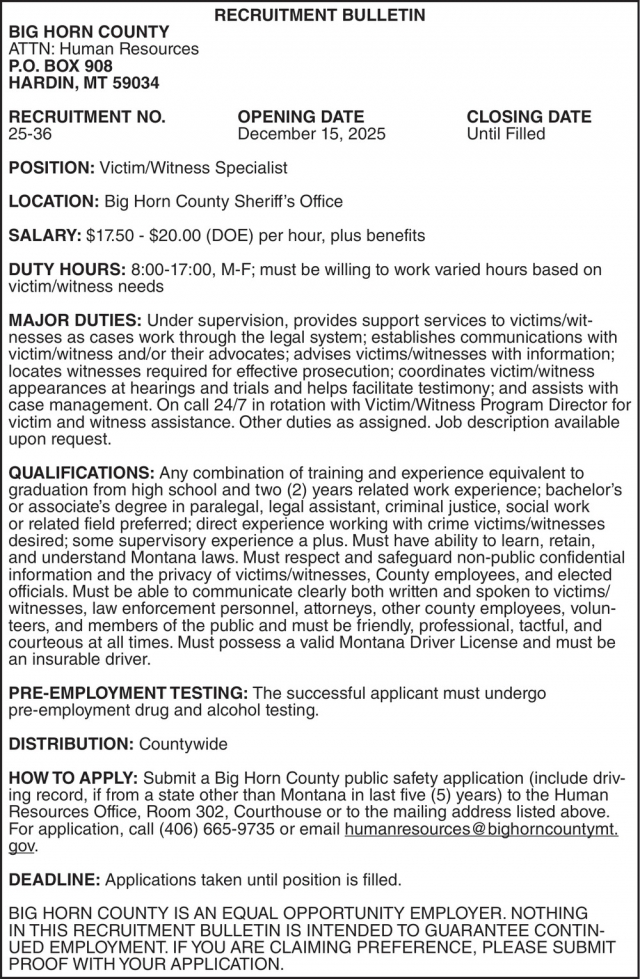 Recruitment Bulletin, Big Horn County, Hardin, MT
