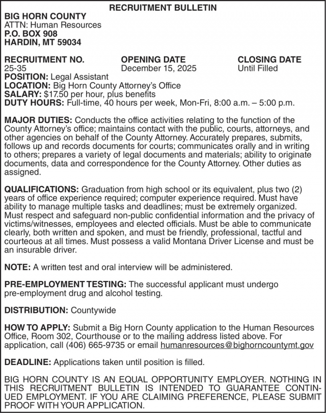 Recruitment Bulletin, Big Horn County, Hardin, MT