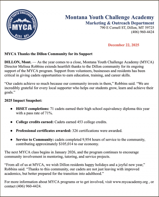 2025 Impact Snapshop, Montana Youth Challenge Academy, Dillon, MT