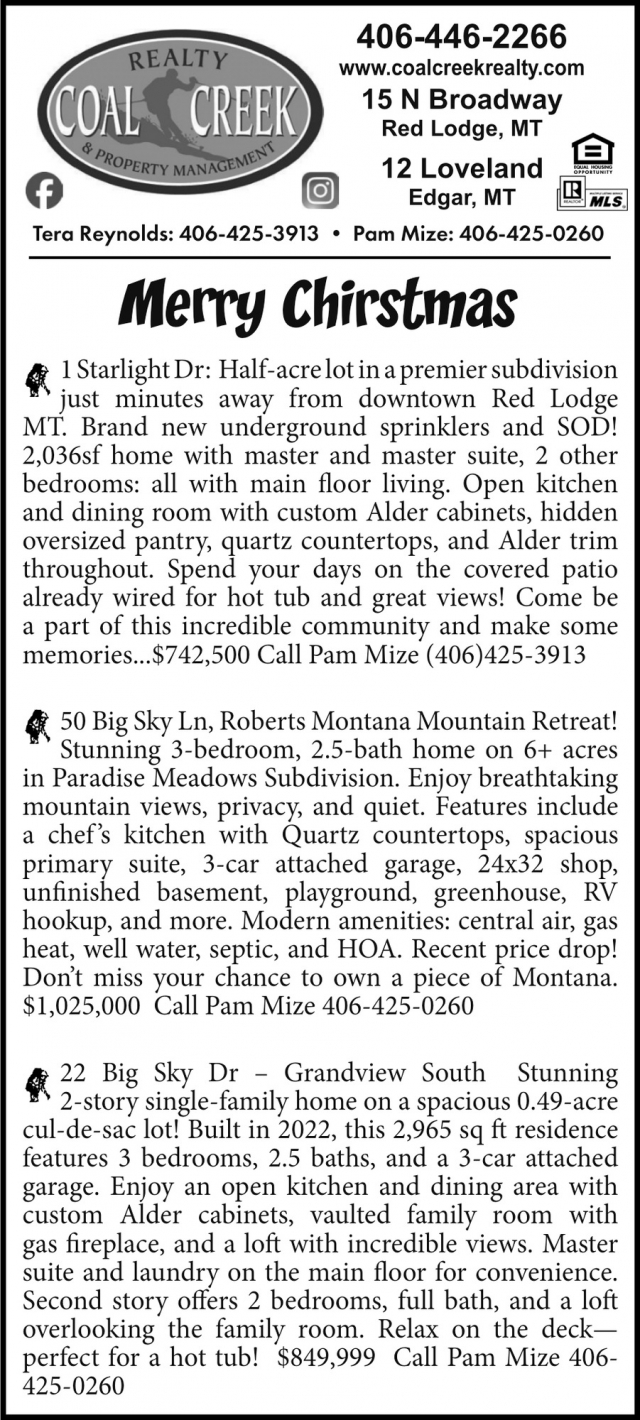 Merry Christmas, Coal Creek Realty & Property Management, Edgar, MT