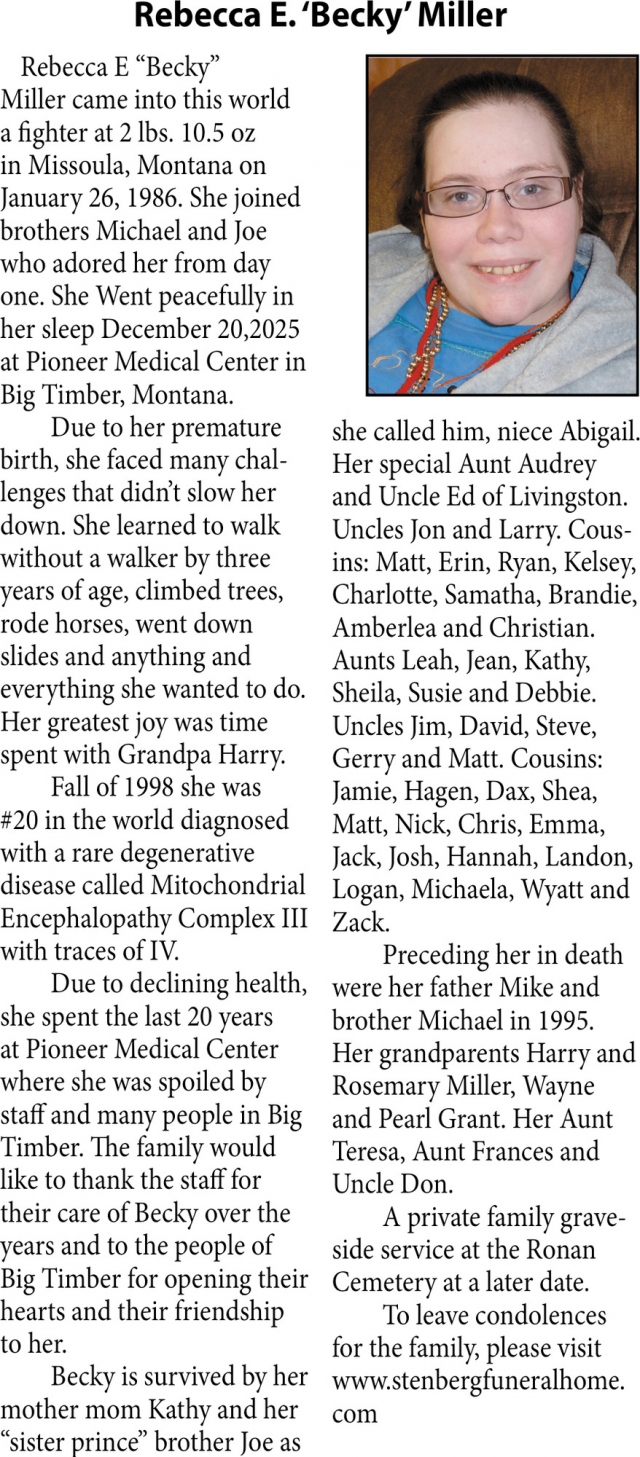 Rebecca E Miller, Obituaries, Glendive, MT