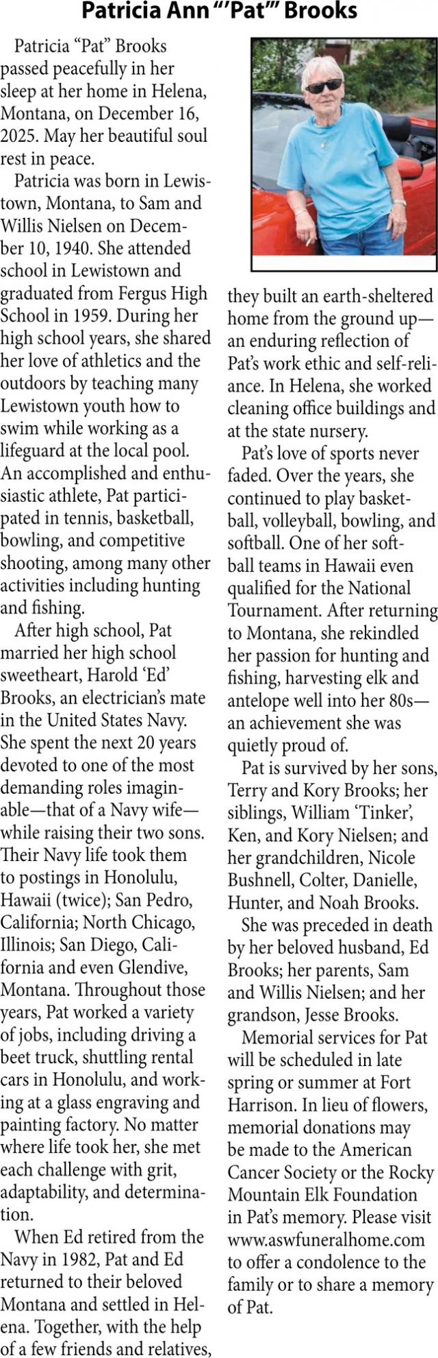 Patricia Ann Brooks, Obituaries, Glendive, MT