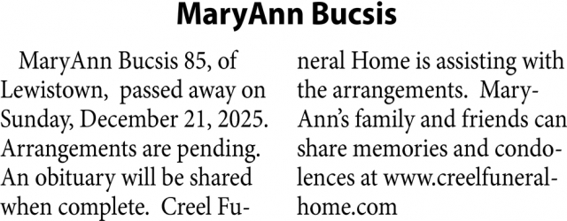 MaryAnn Bucsis, Obituaries, Glendive, MT