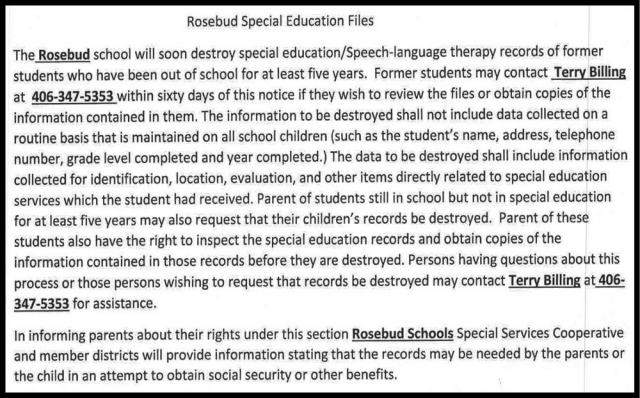 Rosebud Special Education Files, Rosebud Public Schools