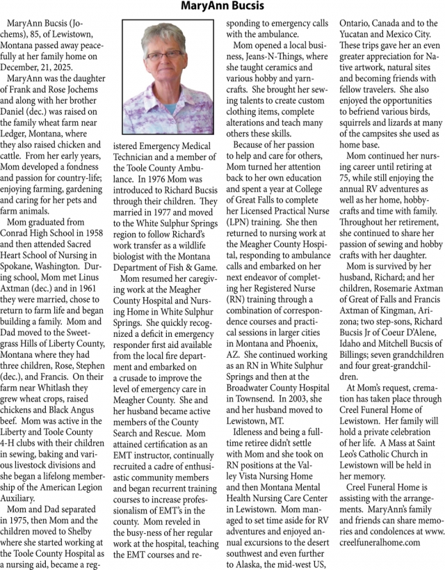 MaryAnn Bucsis, Obituaries, Glendive, MT