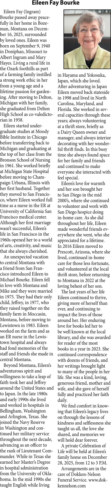 Eileen Fay Bourke, Obituaries, Glendive, MT