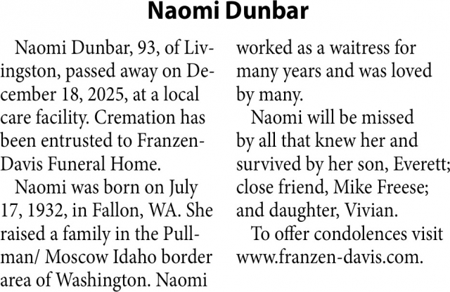 Naomi Dunbar, Obituaries, Glendive, MT