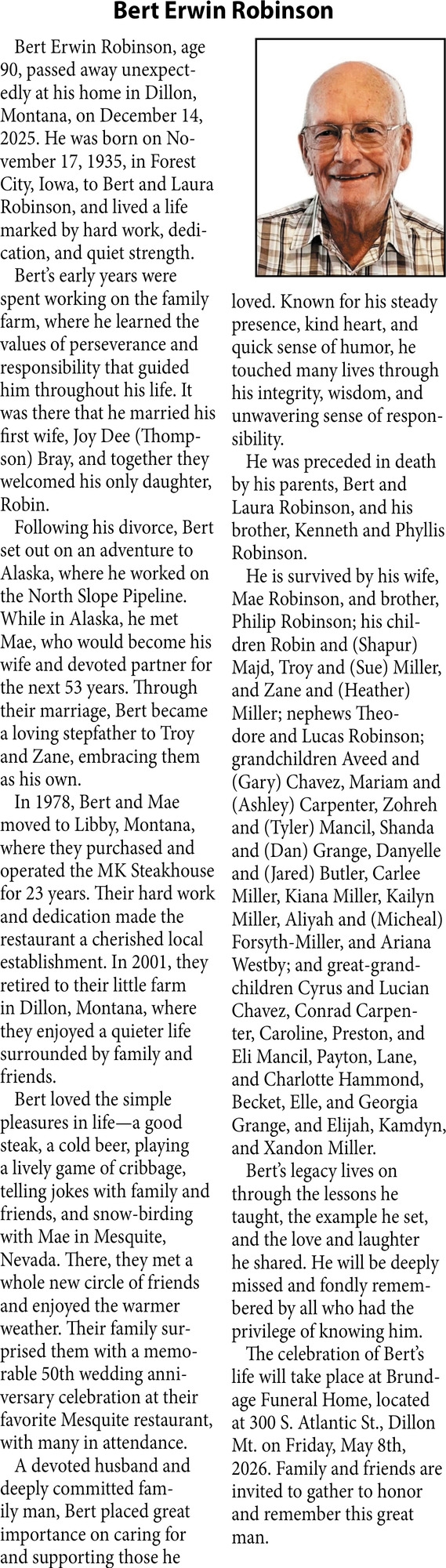 Bert Erwin Robinson, Obituaries, Glendive, MT