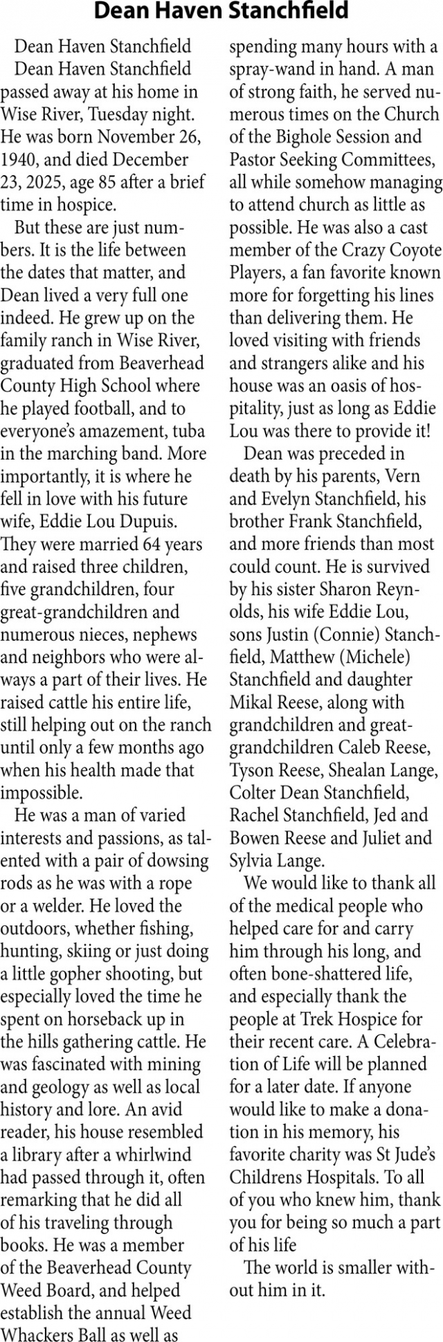 Dean Haven Stanchfield, Obituaries, Glendive, MT