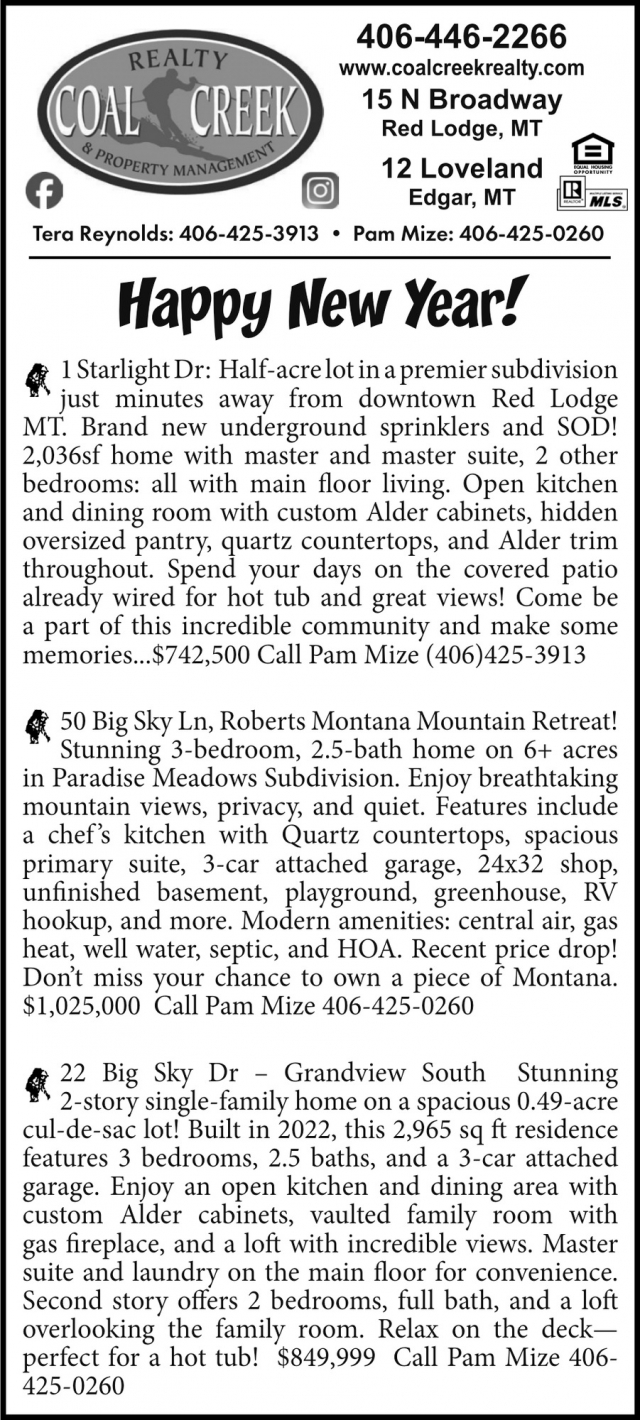 Happy New Year!, Coal Creek Realty & Property Management, Edgar, MT