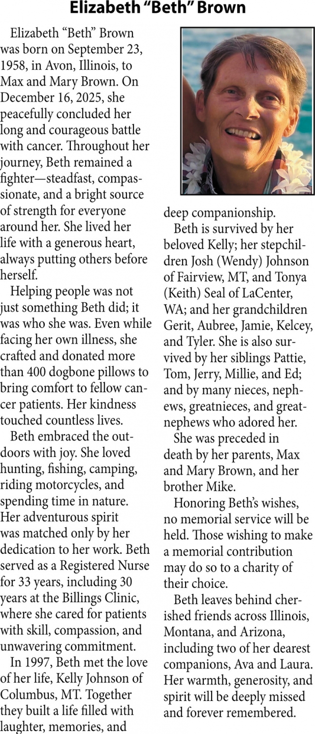 Elizabeth Brown, Obituaries, Glendive, MT