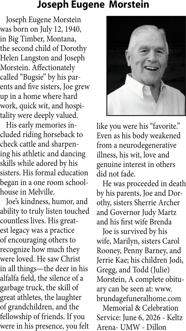 Joseph Eugene Morstein, Obituaries, Glendive, MT