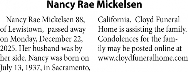 Nancy Rae Mickelsen, Obituaries, Glendive, MT