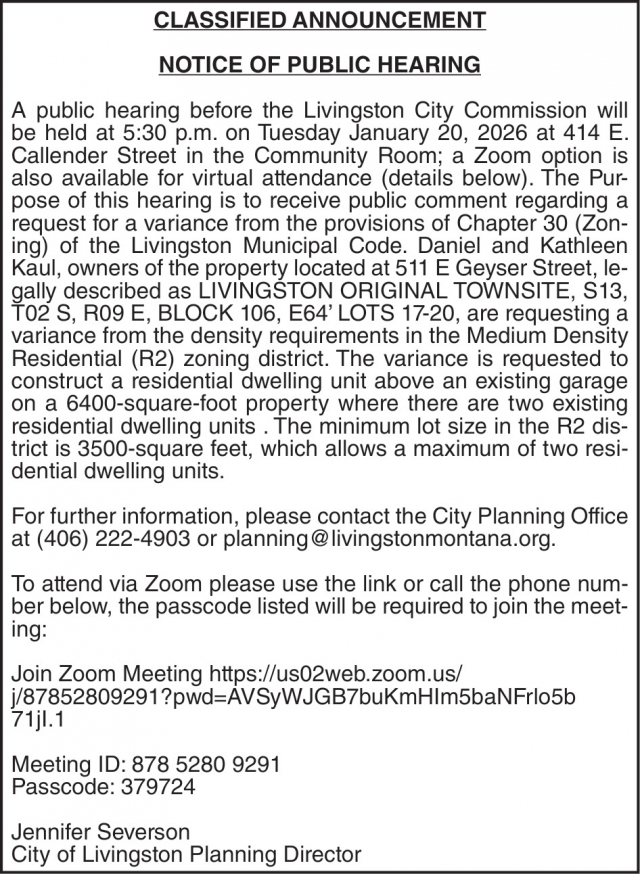 Notice of Public hearing, City of Livingston