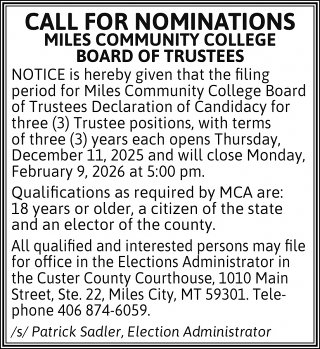 Call for Nominations, Miles Community College, Miles City, MT