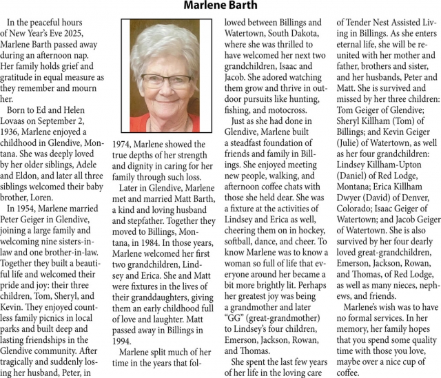 Marlene Barth, Obituaries, Glendive, MT
